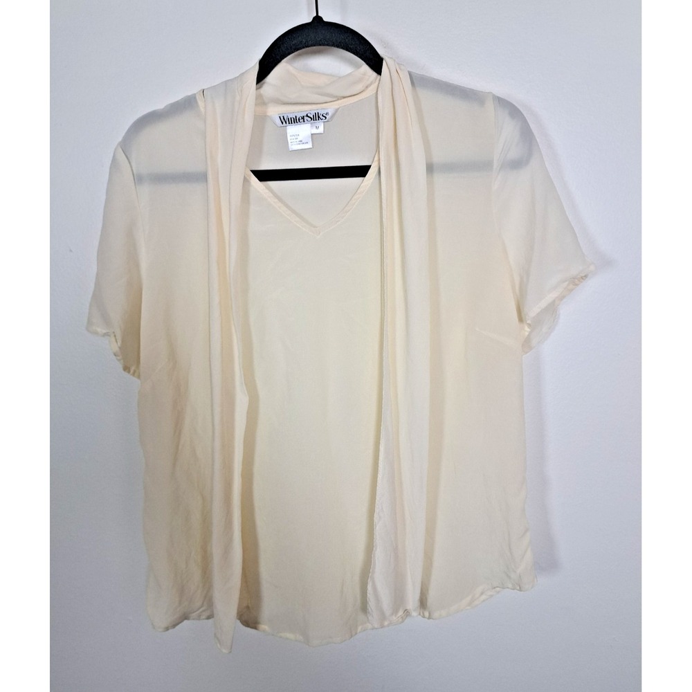 WinterSilks Blouse Size Medium Ivory 100% Silk ‎ Necktie Short Sleeve